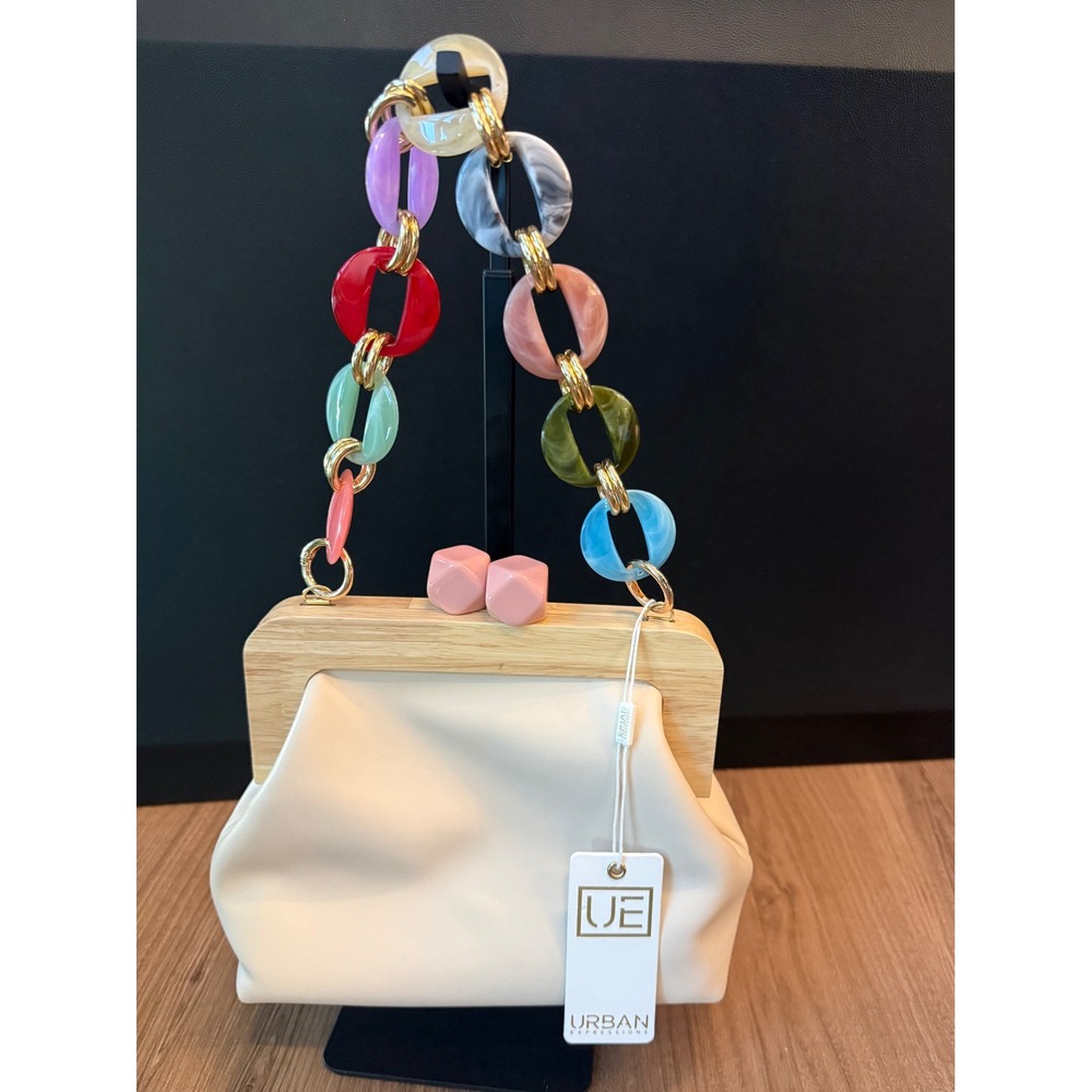 Urban Expressions Cream Vegan Leather Wood Frame Clutch Multi Resin Chain Bag